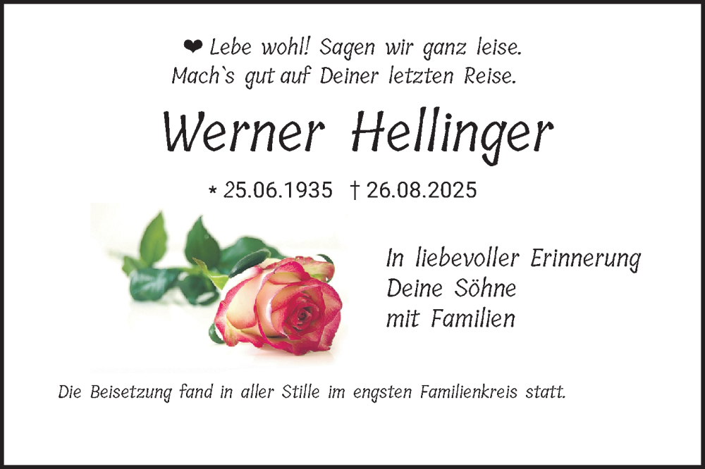  Traueranzeige für Werner Hellinger vom 27.09.2025 aus Mannheimer Morgen
