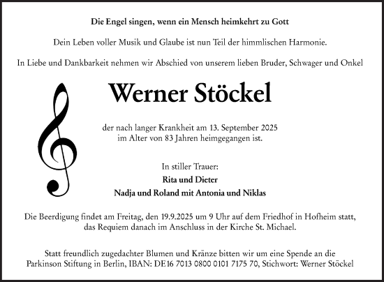 Traueranzeige von Werner Stöckel von Mannheimer Morgen