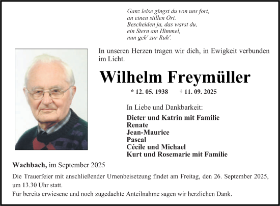 Traueranzeige von Wilhelm Freymüller von Fränkische Nachrichten