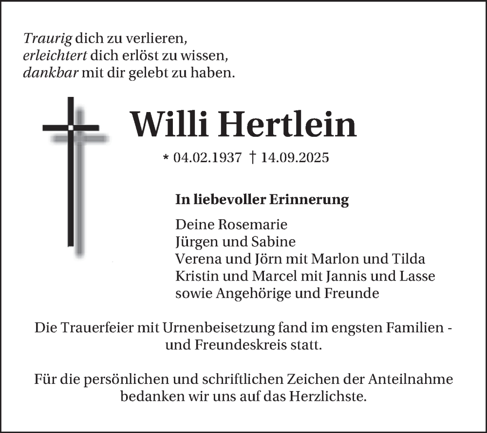  Traueranzeige für Willi Hertlein vom 27.09.2025 aus Schwetzinger Zeitung