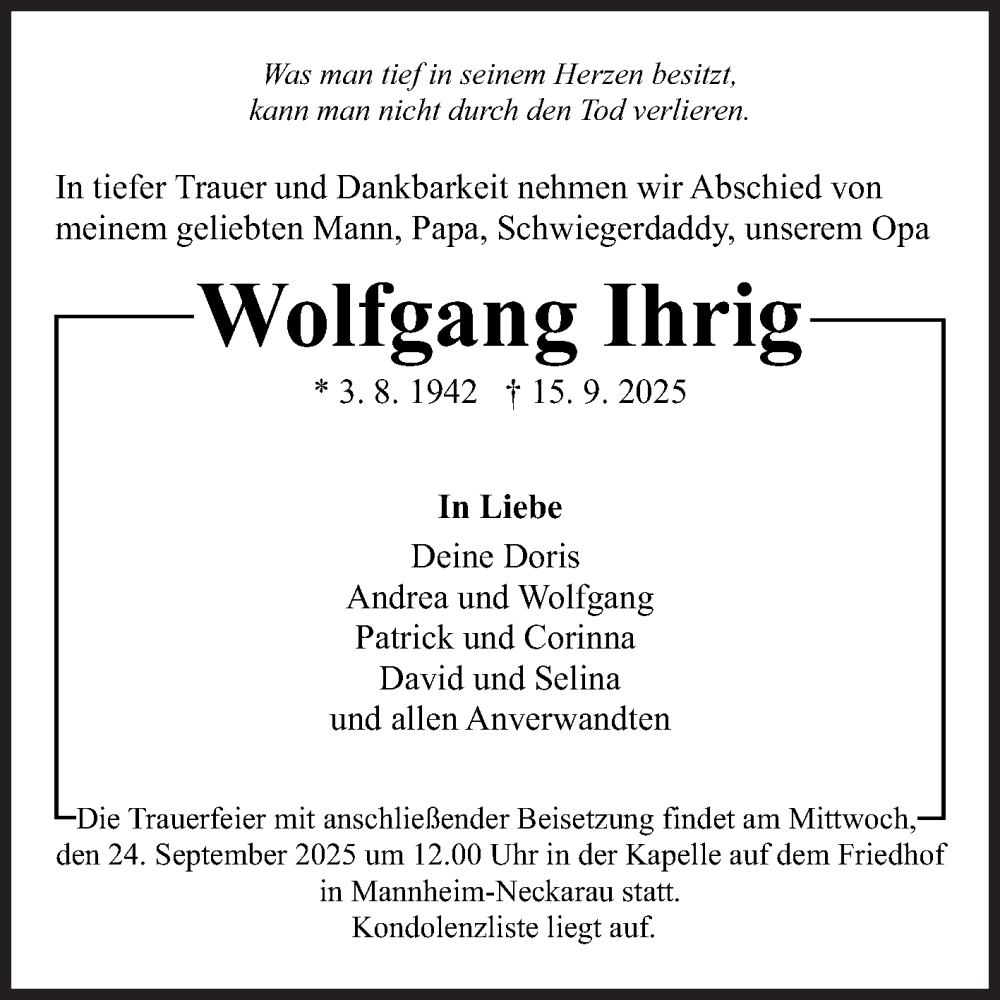  Traueranzeige für Wolfgang Ihrig vom 20.09.2025 aus Mannheimer Morgen