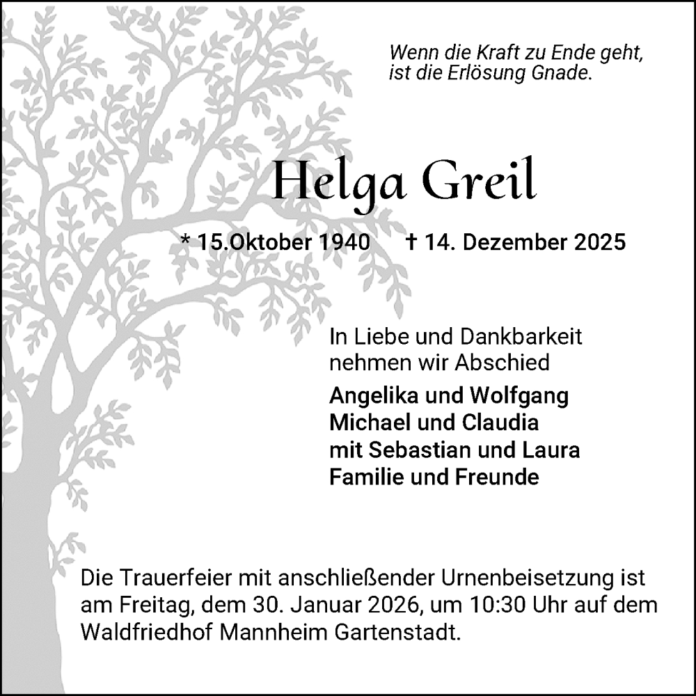  Traueranzeige für Greil Helga vom 24.01.2026 aus Mannheimer Morgen