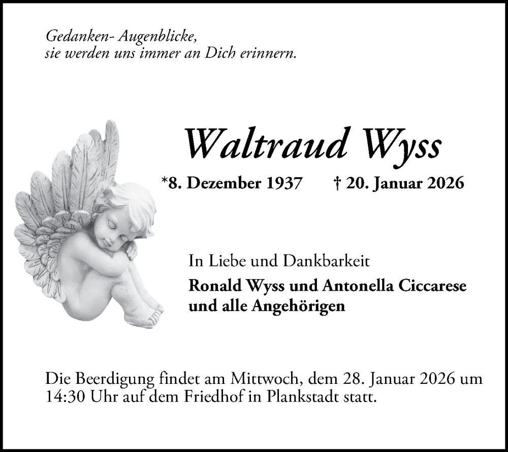  Traueranzeige für Waltraud Wyss vom 24.01.2026 aus Schwetzinger Zeitung