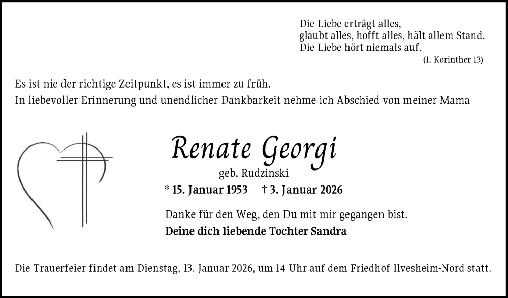  Traueranzeige für Renate Georgi vom 10.01.2026 aus Mannheimer Morgen