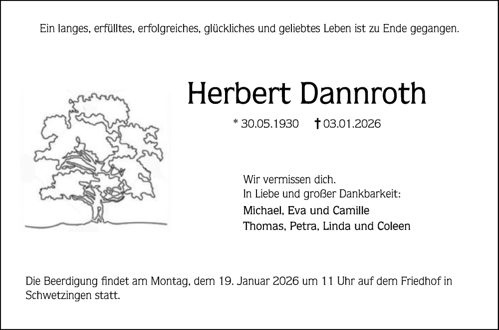  Traueranzeige für Herbert Dannroth vom 14.01.2027 aus Schwetzinger Zeitung