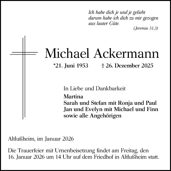 Traueranzeige von Michael Ackermann von Schwetzinger Zeitung