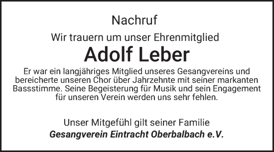 Traueranzeige von Adolf Leber von Fränkische Nachrichten