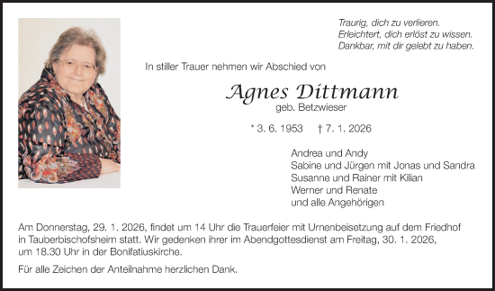 Traueranzeige von Agnes Dittmann von Fränkische Nachrichten