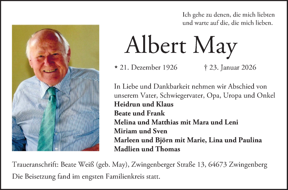  Traueranzeige für Albert May vom 31.01.2026 aus Bergsträßer Anzeiger