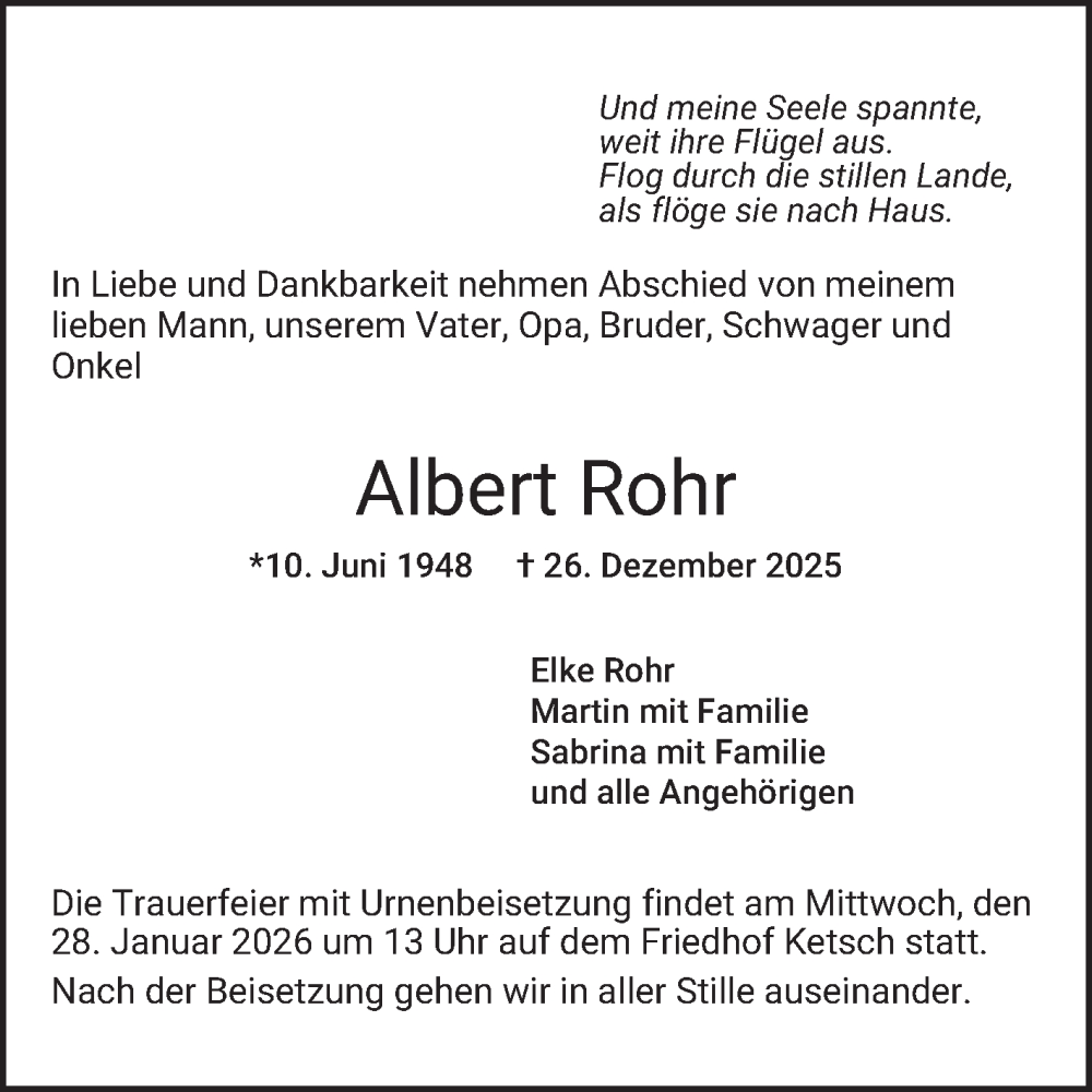  Traueranzeige für Albert Rohr vom 24.01.2026 aus Schwetzinger Zeitung