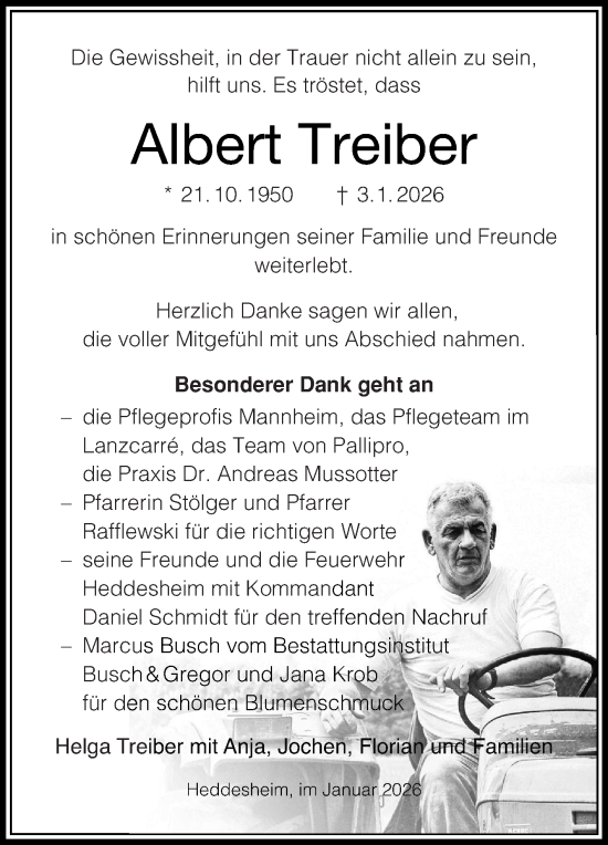 Traueranzeige von Albert Treiber von Mannheimer Morgen