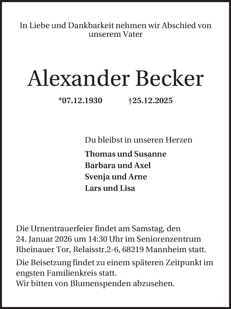  Traueranzeige für Alexander Becker vom 17.01.2026 aus Mannheimer Morgen