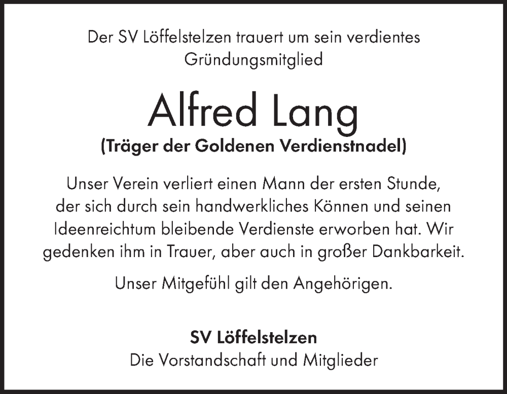  Traueranzeige für Alfred Lang vom 20.01.2026 aus Fränkische Nachrichten