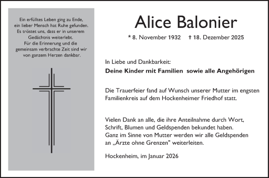 Traueranzeige von Alice Balonier von Schwetzinger Zeitung