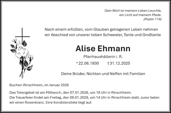 Traueranzeige von Alise Ehmann von Fränkische Nachrichten