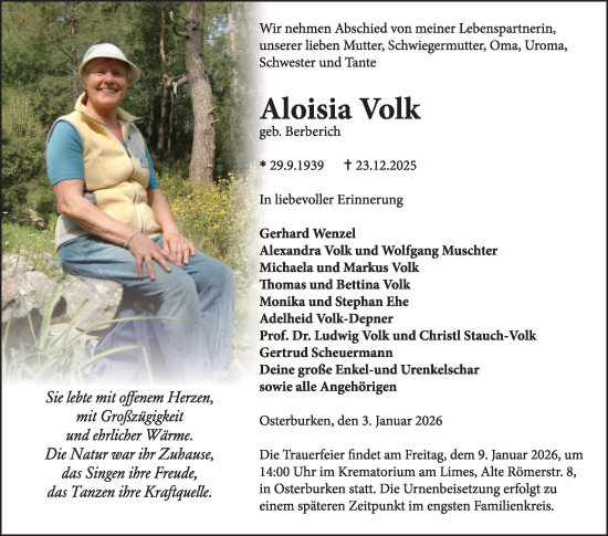 Traueranzeige von Aloisia Volk von Fränkische Nachrichten