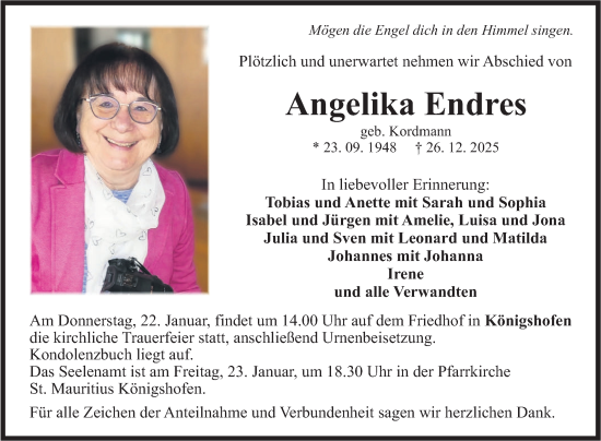 Traueranzeige von Angelika Endres von Fränkische Nachrichten