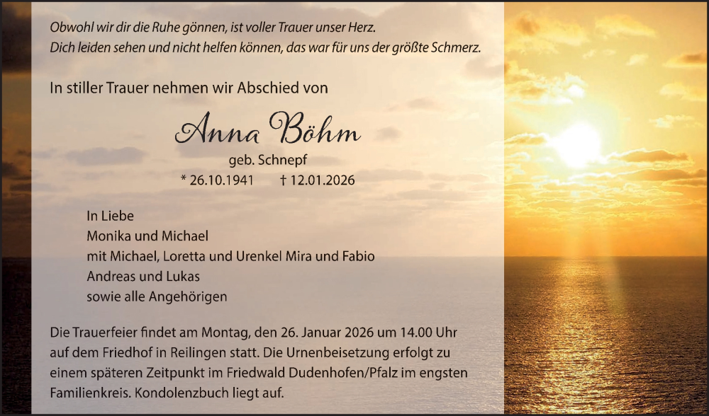  Traueranzeige für Anna Böhm vom 24.01.2026 aus Schwetzinger Zeitung