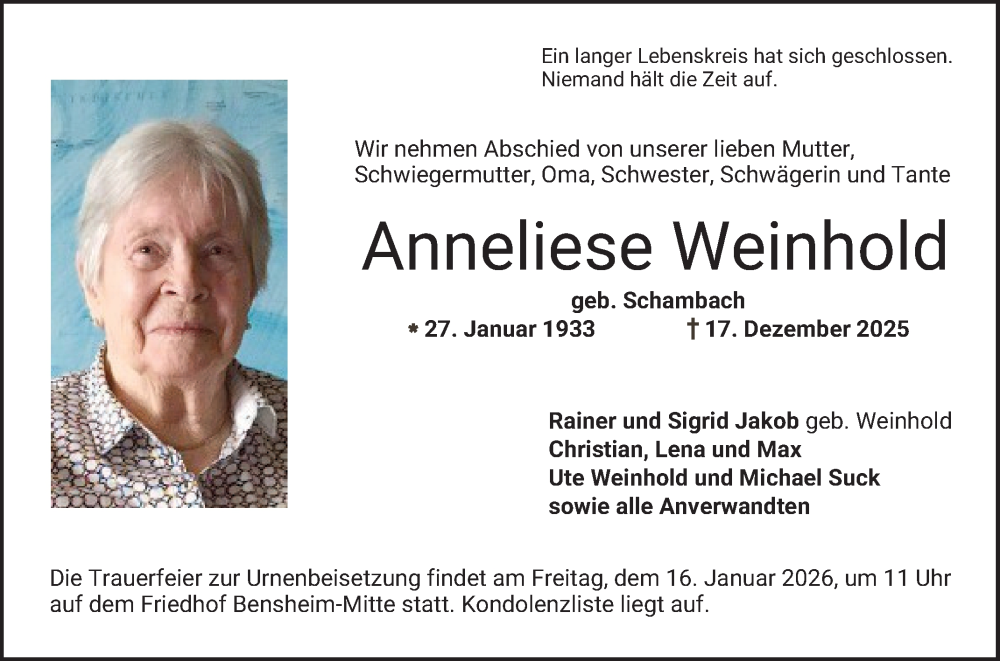  Traueranzeige für Anneliese Weinhold vom 10.01.2026 aus Bergsträßer Anzeiger