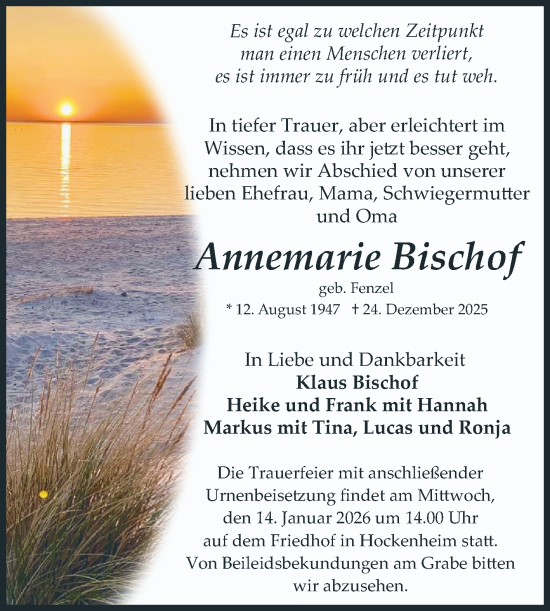 Traueranzeige von Annemarie Bischof von Schwetzinger Zeitung