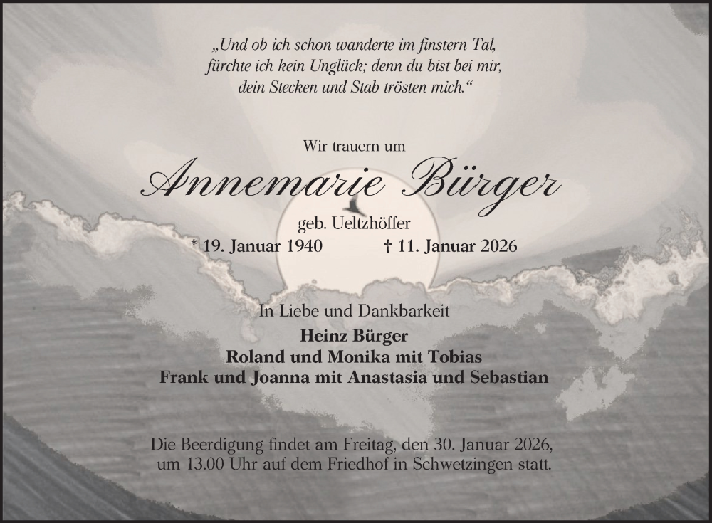 Traueranzeige für Annemarie Bürger vom 24.01.2026 aus Schwetzinger Zeitung