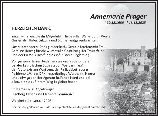 Traueranzeige von Annemarie Prager von Fränkische Nachrichten