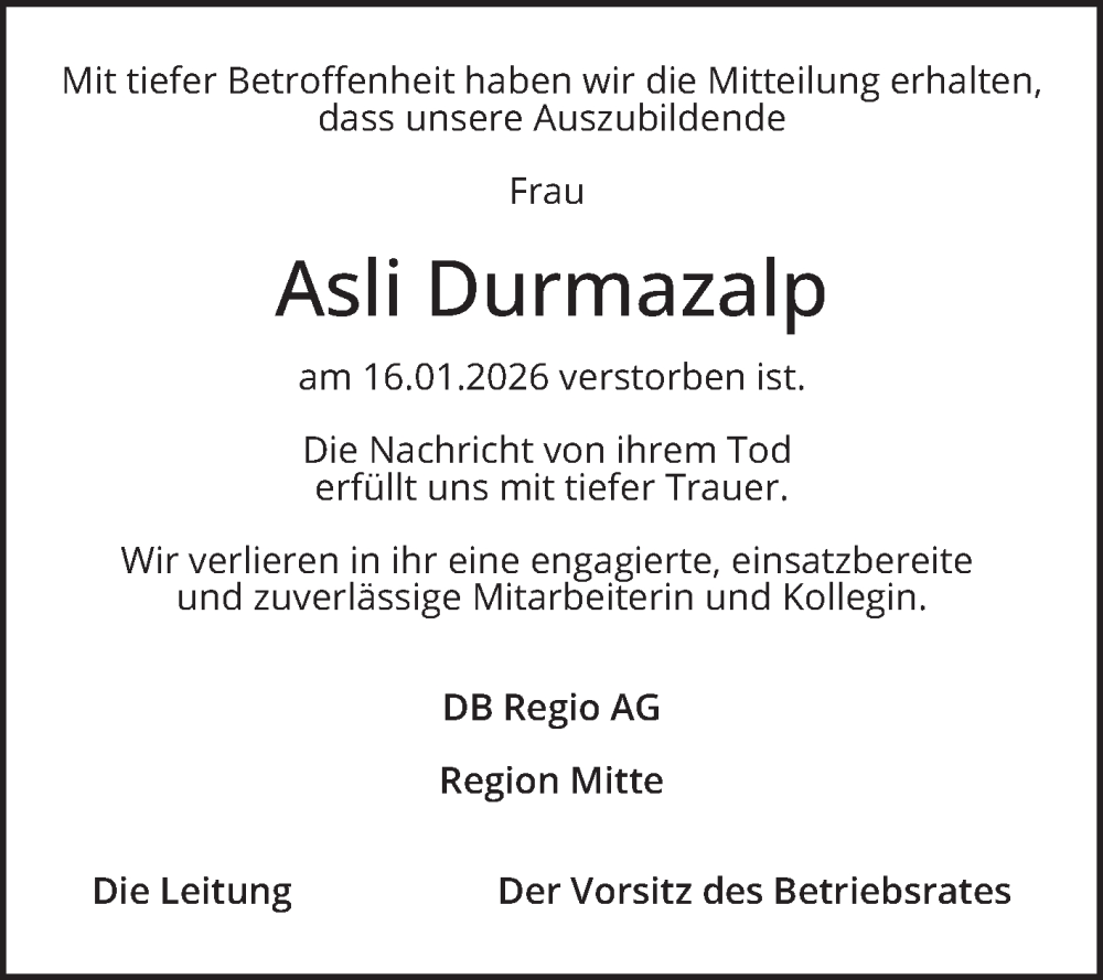  Traueranzeige für Asli Durmazalp vom 31.01.2026 aus Mannheimer Morgen