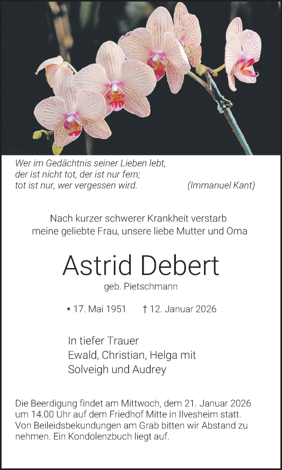 Traueranzeige von Astrid Debert von Mannheimer Morgen