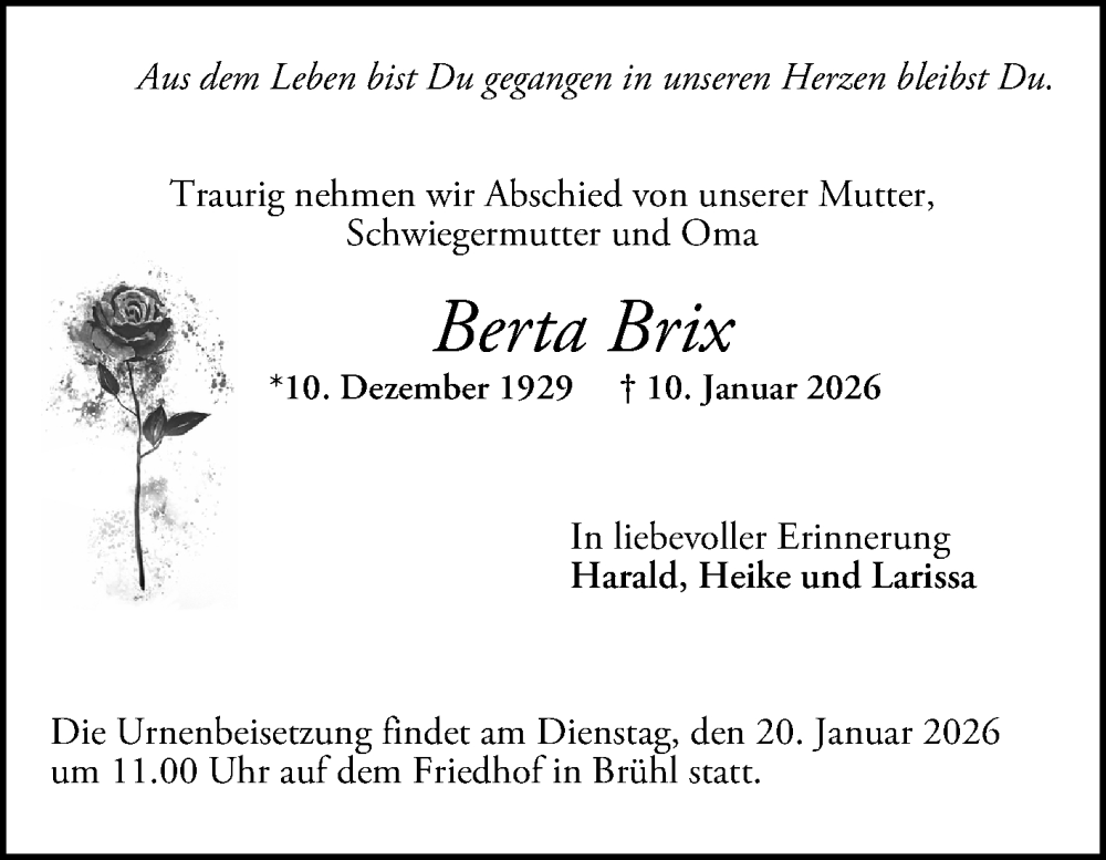  Traueranzeige für Berta Brix vom 17.01.2026 aus Schwetzinger Zeitung