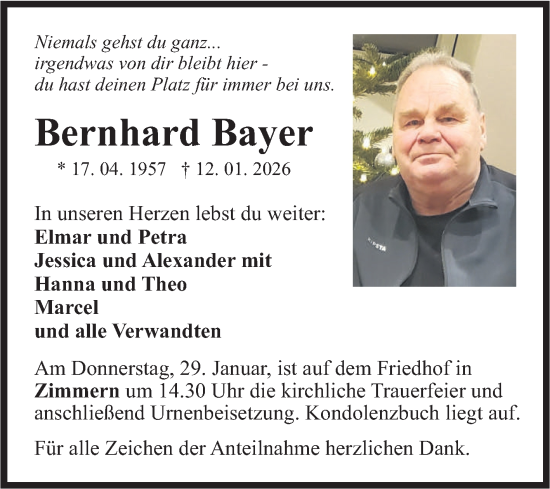 Traueranzeige von Bernhard Bayer von Fränkische Nachrichten