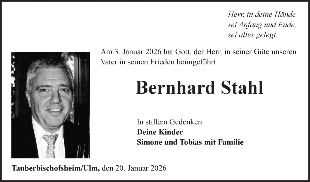 Traueranzeige für Bernhard Stahl vom 20.01.2026 aus Fränkische Nachrichten