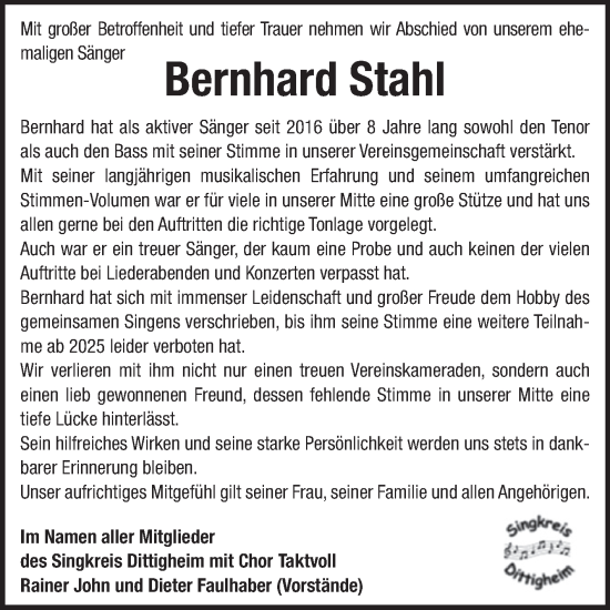 Traueranzeige von Bernhard Stahl von Fränkische Nachrichten