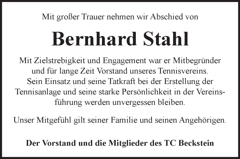  Traueranzeige für Bernhard Stahl vom 17.01.2026 aus Fränkische Nachrichten