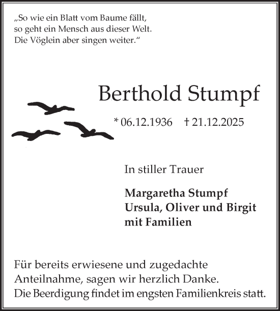 Traueranzeige von Berthold Stumpf von Fränkische Nachrichten