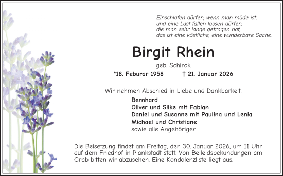 Traueranzeige von Birgit Rhein von Schwetzinger Zeitung