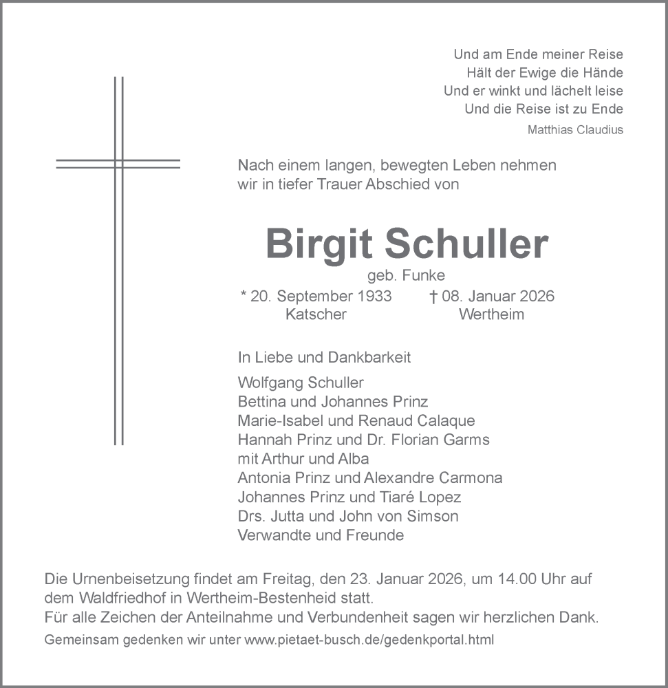  Traueranzeige für Birgit Schuller vom 17.01.2026 aus Fränkische Nachrichten