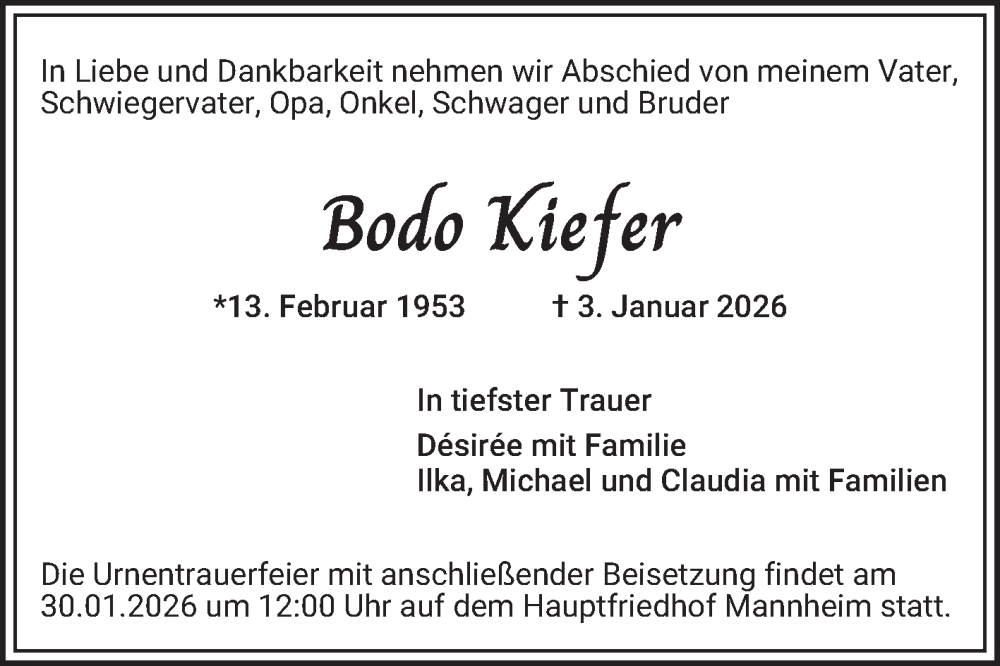  Traueranzeige für Bodo Kiefer vom 24.01.2026 aus Mannheimer Morgen