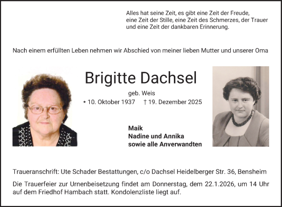 Traueranzeige von Brigitte Dachsel von Bergsträßer Anzeiger