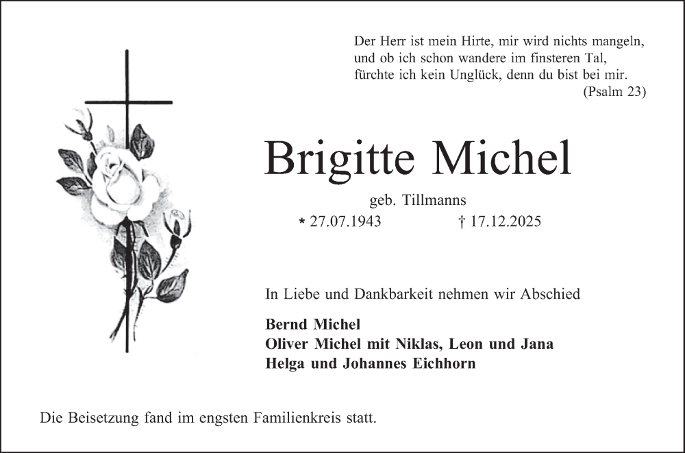  Traueranzeige für Brigitte Michel vom 17.01.2026 aus Bergsträßer Anzeiger
