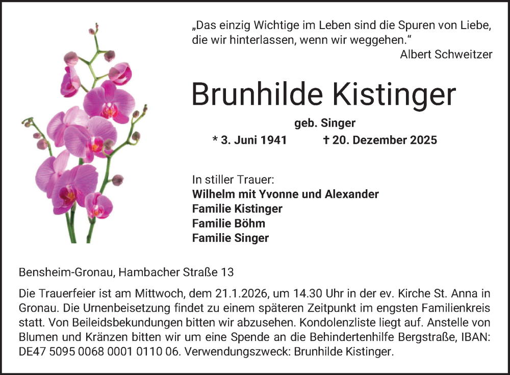  Traueranzeige für Brunhilde Kistinger vom 17.01.2026 aus Bergsträßer Anzeiger