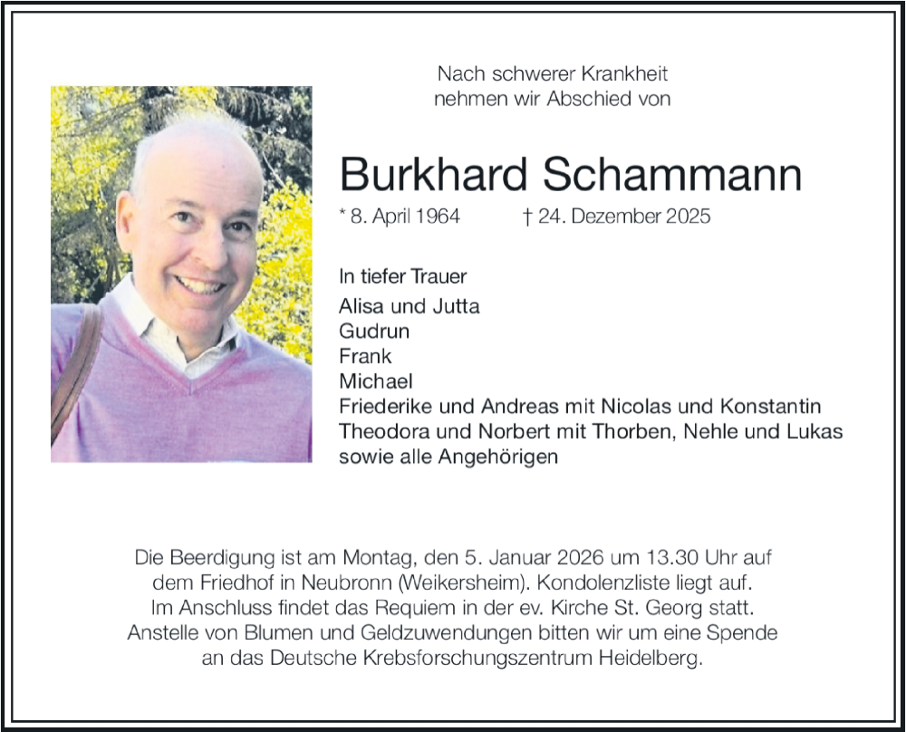  Traueranzeige für Burkhard Schammann vom 02.01.2026 aus Fränkische Nachrichten
