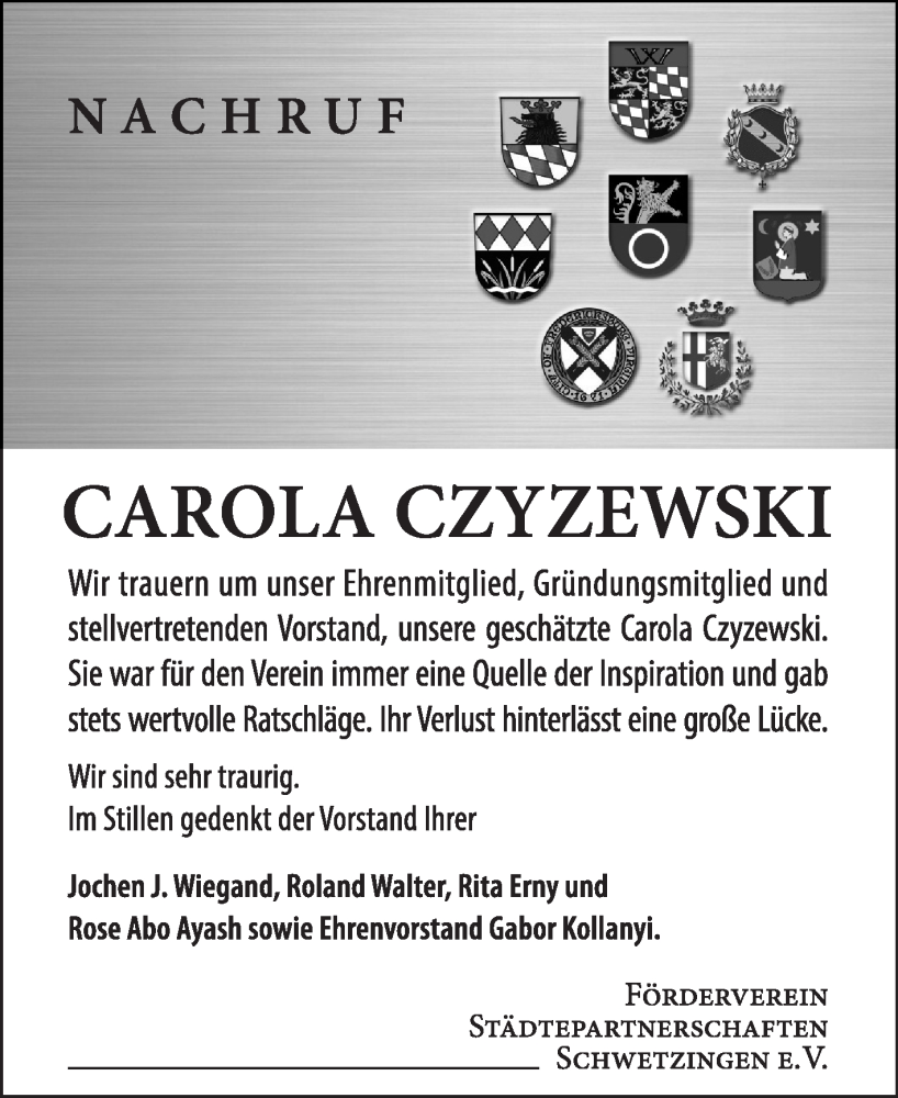  Traueranzeige für Carola Czyzewski vom 31.01.2026 aus Schwetzinger Zeitung