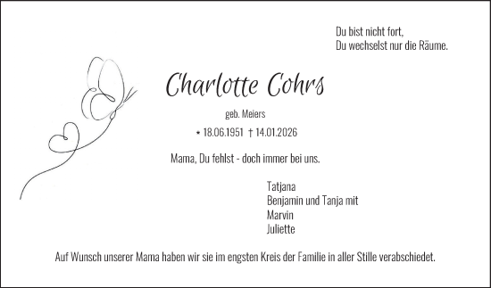 Traueranzeige von Charlotte Cohrs von Schwetzinger Zeitung