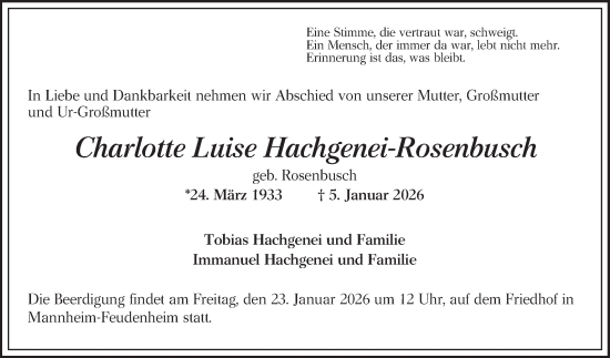 Traueranzeige von Charlotte Luise Hachgenei-Rosenbusch von Mannheimer Morgen