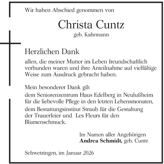 Traueranzeige von Christa Cuntz von Schwetzinger Zeitung