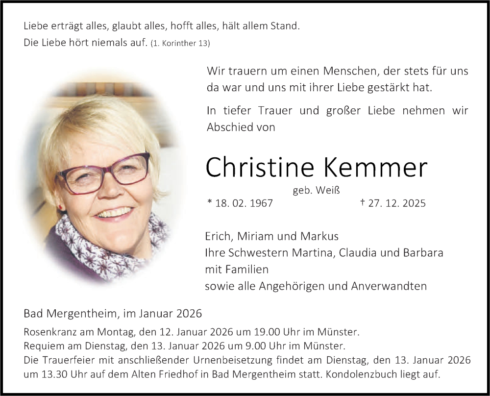  Traueranzeige für Christine Kemmer vom 07.01.2026 aus Fränkische Nachrichten