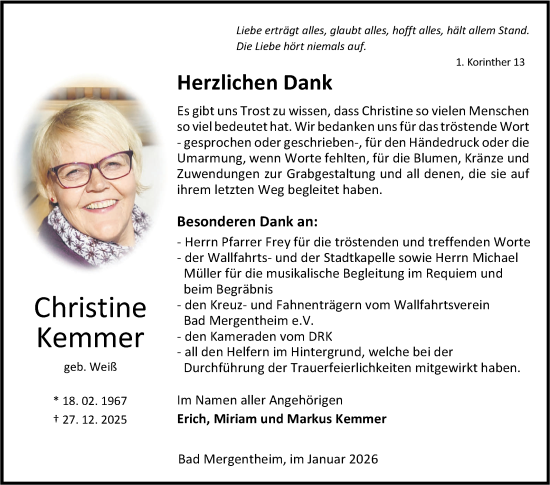 Traueranzeige von Christine Kemmer von Fränkische Nachrichten