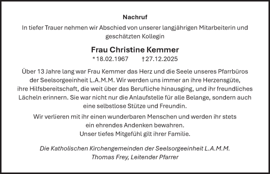Traueranzeige von Christine Kemmer von Fränkische Nachrichten