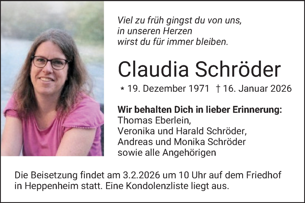  Traueranzeige für Claudia Schröder vom 31.01.2026 aus Bergsträßer Anzeiger