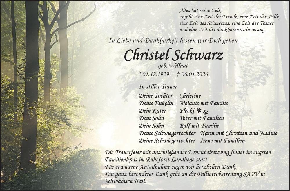  Traueranzeige für Christel Schwarz vom 14.01.2026 aus Fränkische Nachrichten